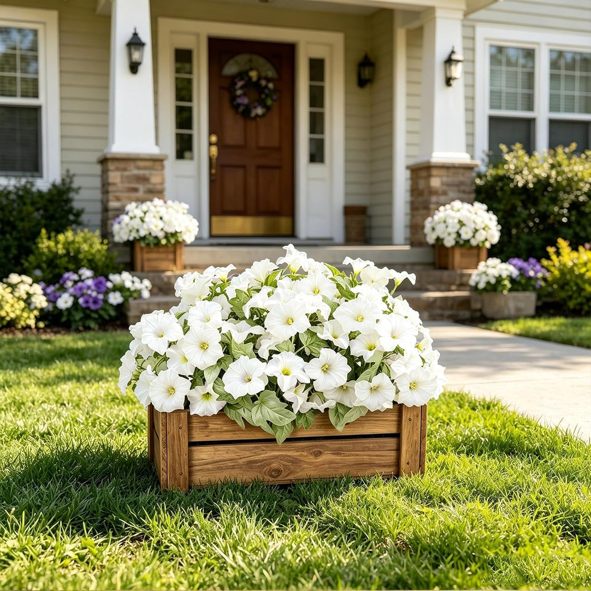 Artificial Flowers for Outdoors, Faux Petunias Spring Summer Decoration, Fake Flowers Plants UV Resistant Look Real Silk Flowers for Outside Planter Front Door Porch Patio Yard (White)