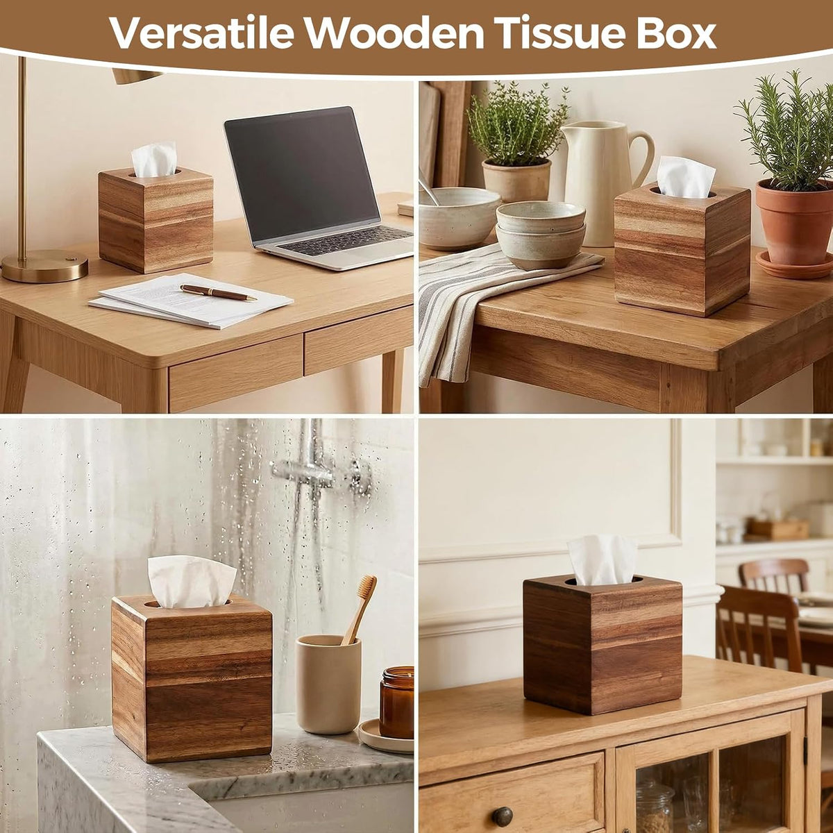 Acacia Wood Tissue Box Cover, Square Wooden Tissue Box Holder, 2 Pack
