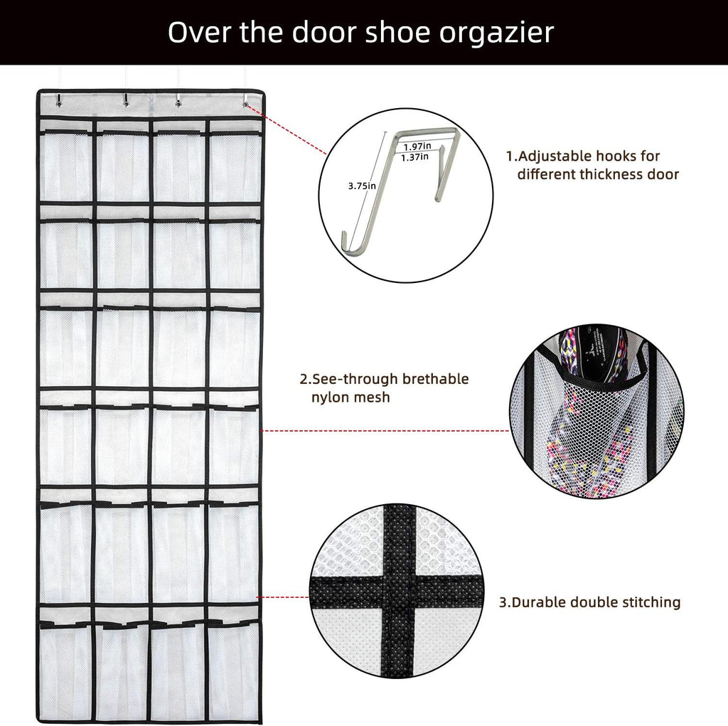 SAVERHO Over the Door Shoe Organizer, Hanging Shoe Organizer with 24 Mesh Large Pockets Door Shoe Rack Organizer for Men Women Kids Hanging Shoe Storage Bag.(White)
