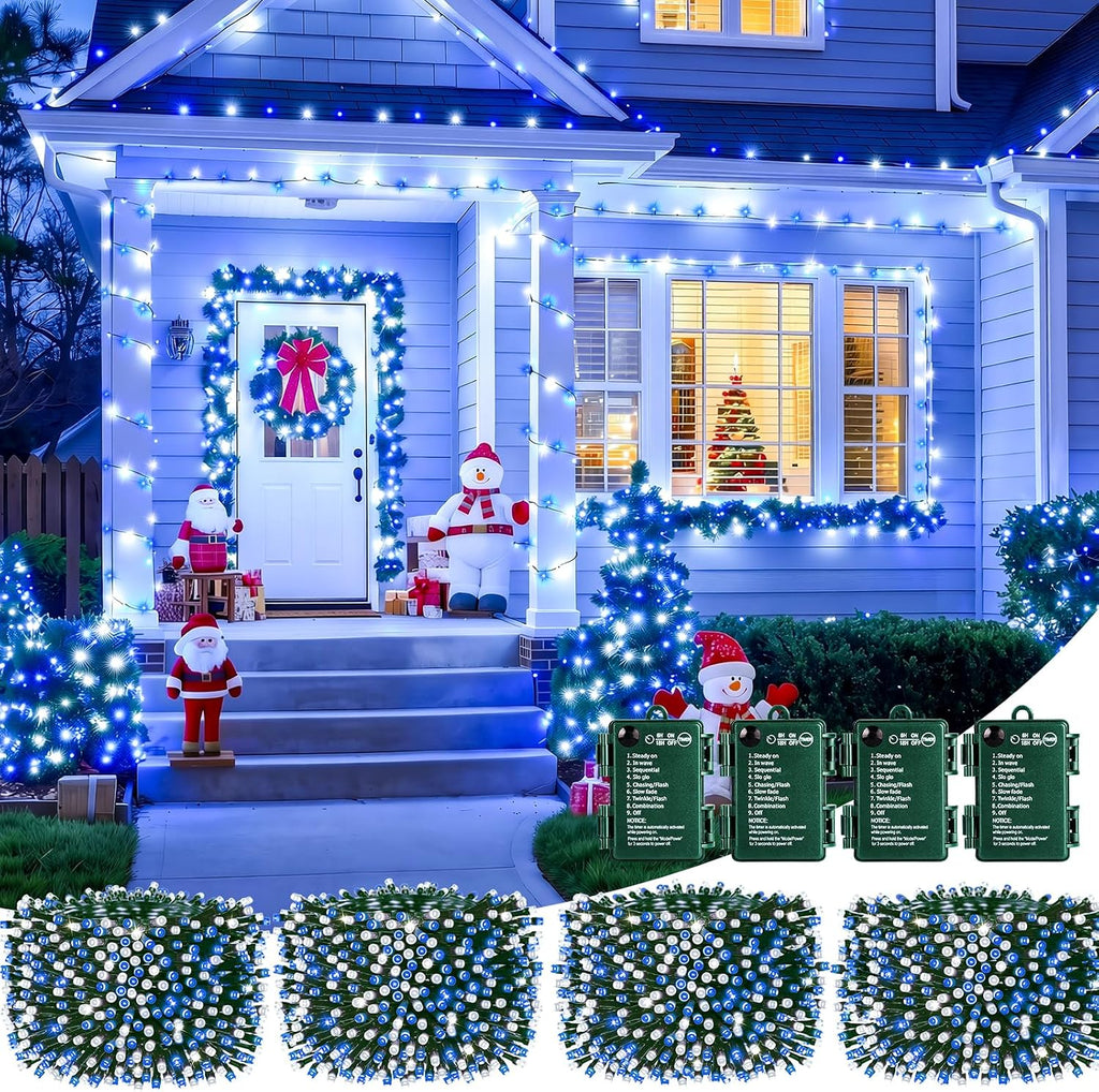 Brightown Christmas Lights Outdoor Battery Operated, 4 Pack Total 132FT 400 LED Battery Fairy Lights with Timer,8 Mode,Waterproof Christmas String Lights for Outside Indoor Bedroom, Blue & White