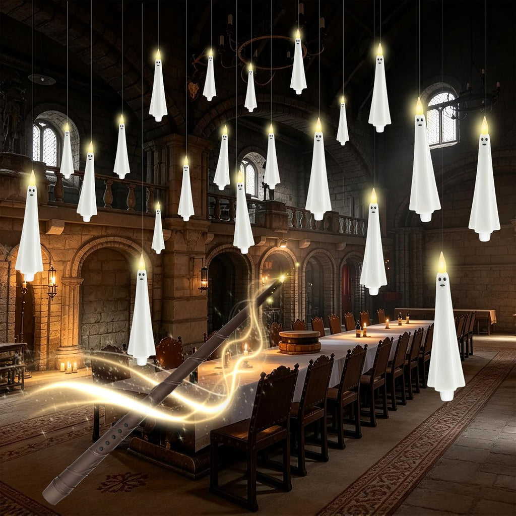 12 Pcs Halloween Ghost Flameless Floating Candles with Wand Remote Timer, Battery Operated LED Taper Candles for Hanging or Candelabra, Halloween Home Decor(White)