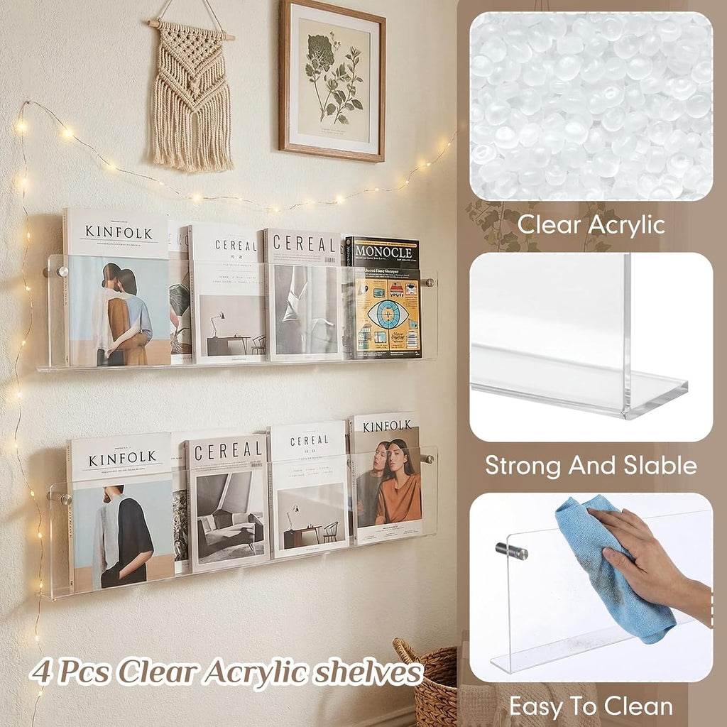 4 Pack Clear Acrylic Magazine Holder Wall, Brochure, 24 Inch
