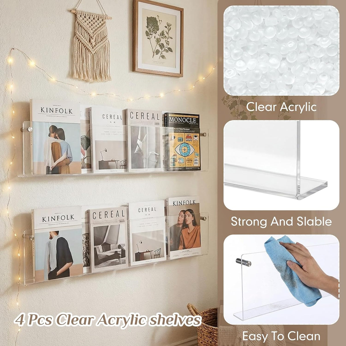 4 Pack Clear Acrylic Magazine Holder Wall, Brochure, 24 Inch