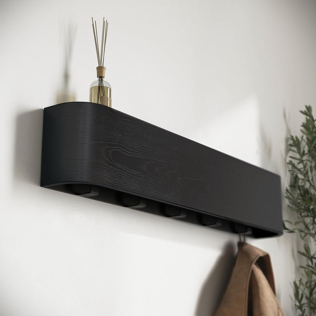 Kazai. Wall-Mounted Coat Rack 'Toke' - Modern Design Coat Rack with Hidden Wall Hooks - Solid Wood Veneer Panel Coat Hanger - Oak, Black