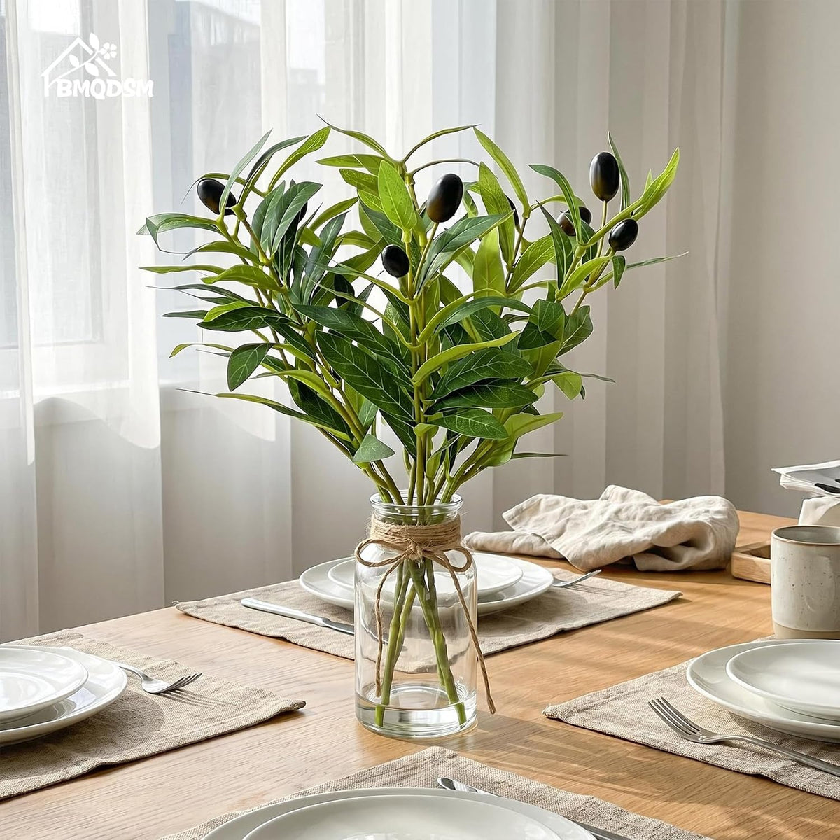 Artificial Olive Branches in Glass Vase with Faux Water,13.5" Fake Plants for Bathroom Shelf Decor, Farmhouse Centerpieces for Tables, Small Desk Plants for Home Office Decor (Olive Branches)
