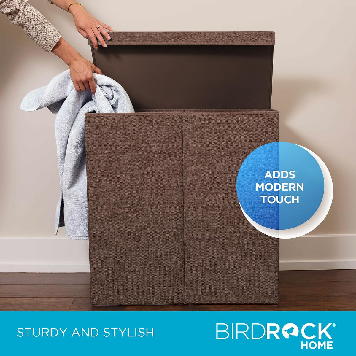 BIRDROCK HOME 13Gal Tall Double Laundry Hamper with Lid, Brown, 25.75”