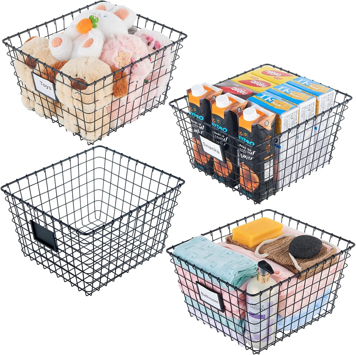 JUNCHU CHERRY 4 Pack【Extra Large】 Wire Handmade Storage Basket for Organizing Household Goods,Pantry Organization,Bathroom countertop,Laundry,Wardrobe Storage Basket,Black