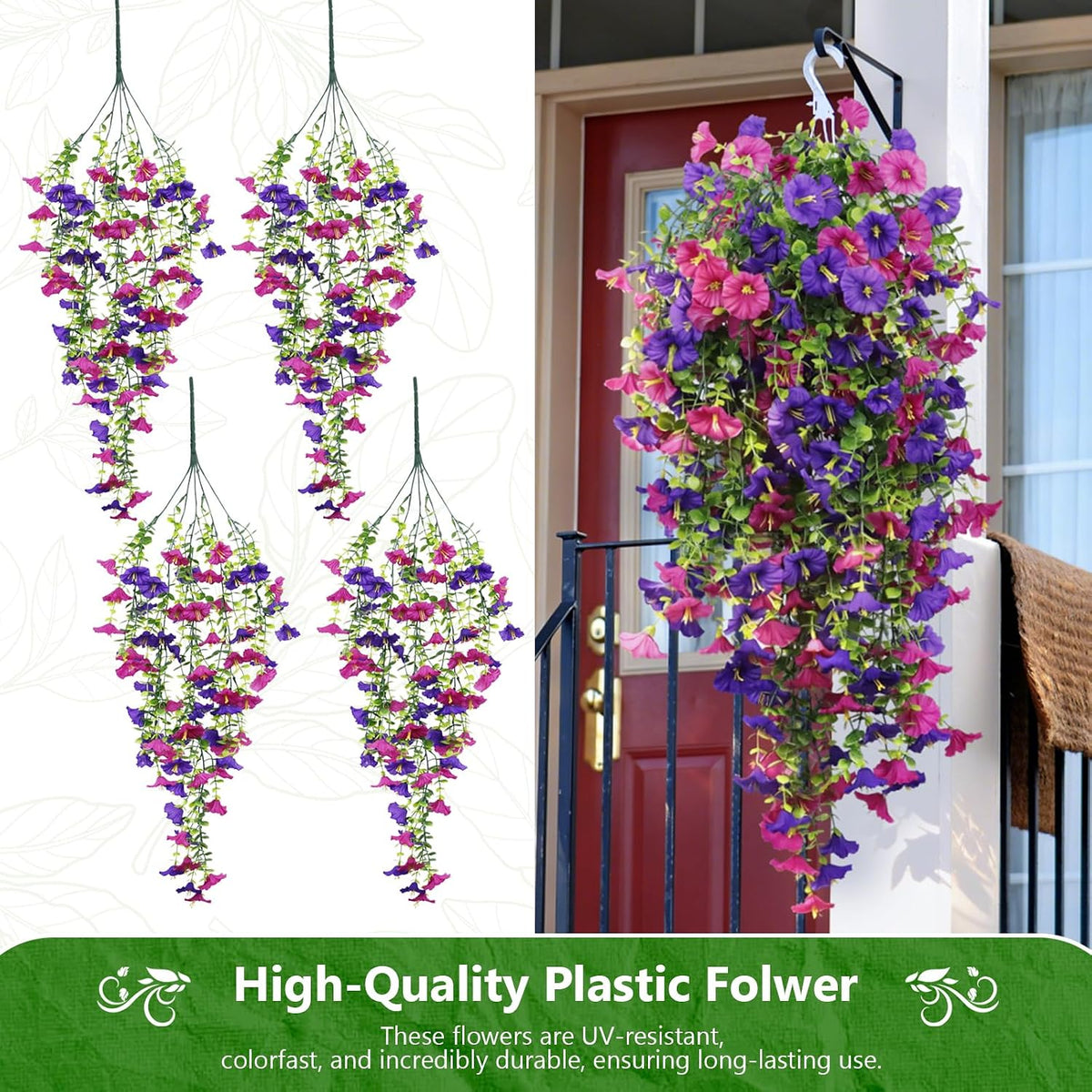 Fake Hanging Plants, Faux Hanging Plant Artificial Greenery for Living Room Bedroom Boho Wall Shelf Indoor Outdoor Decor (4-Pack, Purple Pink Morning Glory)