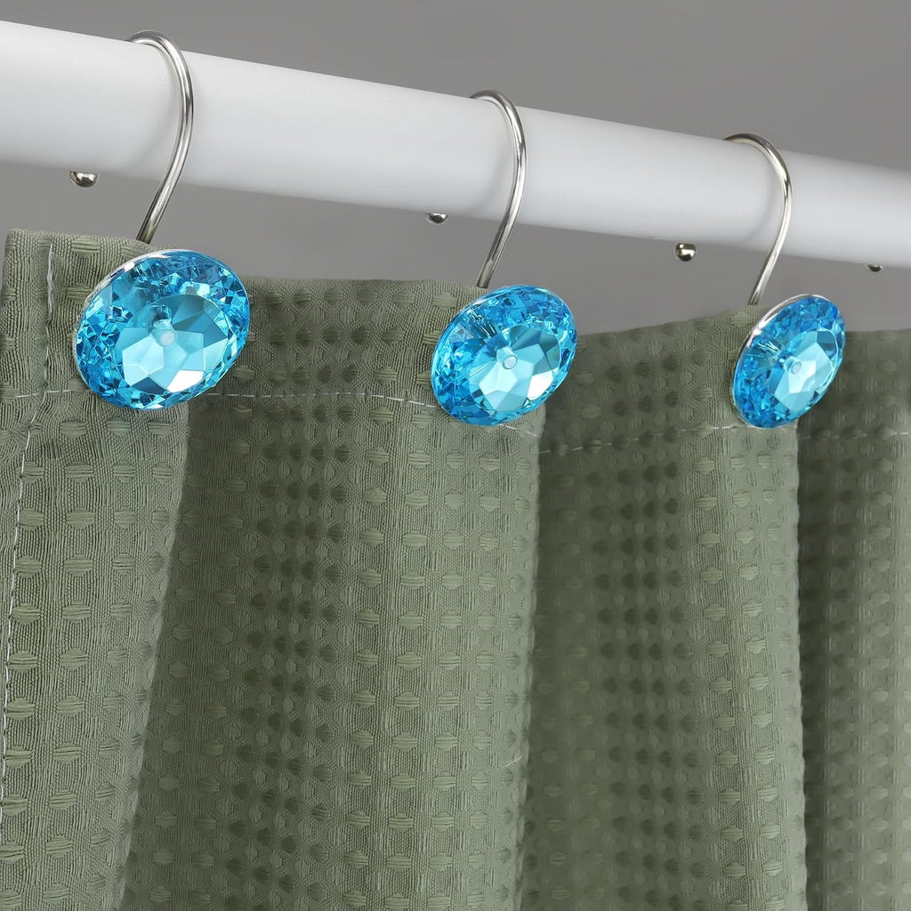 12PCS Stainless Steel Shower Curtain Hooks Rings for Bathroom, RustProof Metal Crystal Rhinestones Bling Shower Curtain Rings Hangers for Shower Curtains Decorative, Round Heavy Duty Hooks (Aqua Blue)