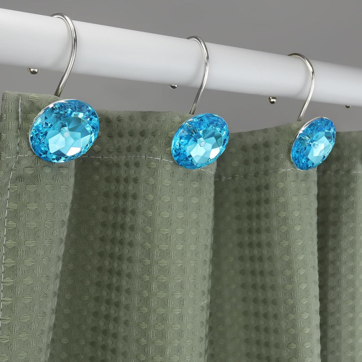 12PCS Stainless Steel Shower Curtain Hooks Rings for Bathroom, RustProof Metal Crystal Rhinestones Bling Shower Curtain Rings Hangers for Shower Curtains Decorative, Round Heavy Duty Hooks (Aqua Blue)