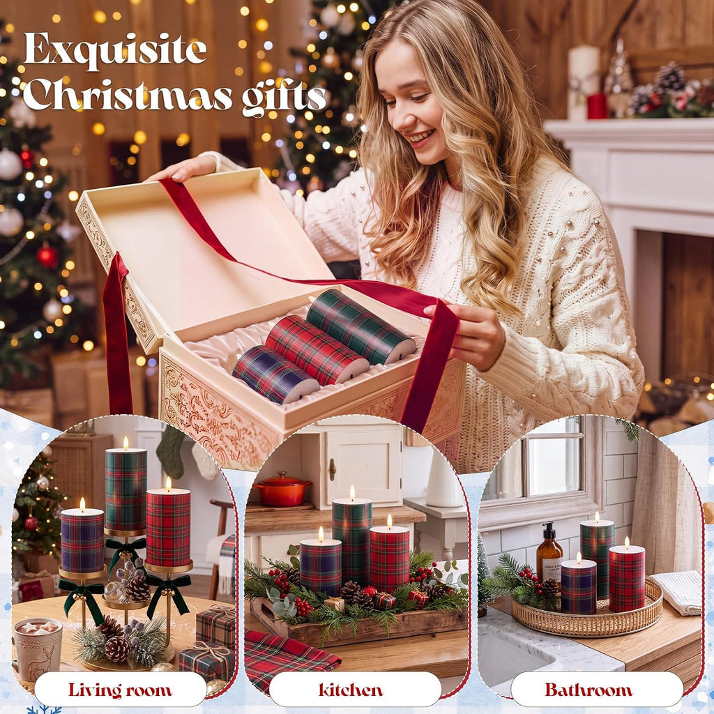 Retisee 3 Pcs Christmas Flameless Candles Real Wax Plaid LED Candles 4/5/6"
