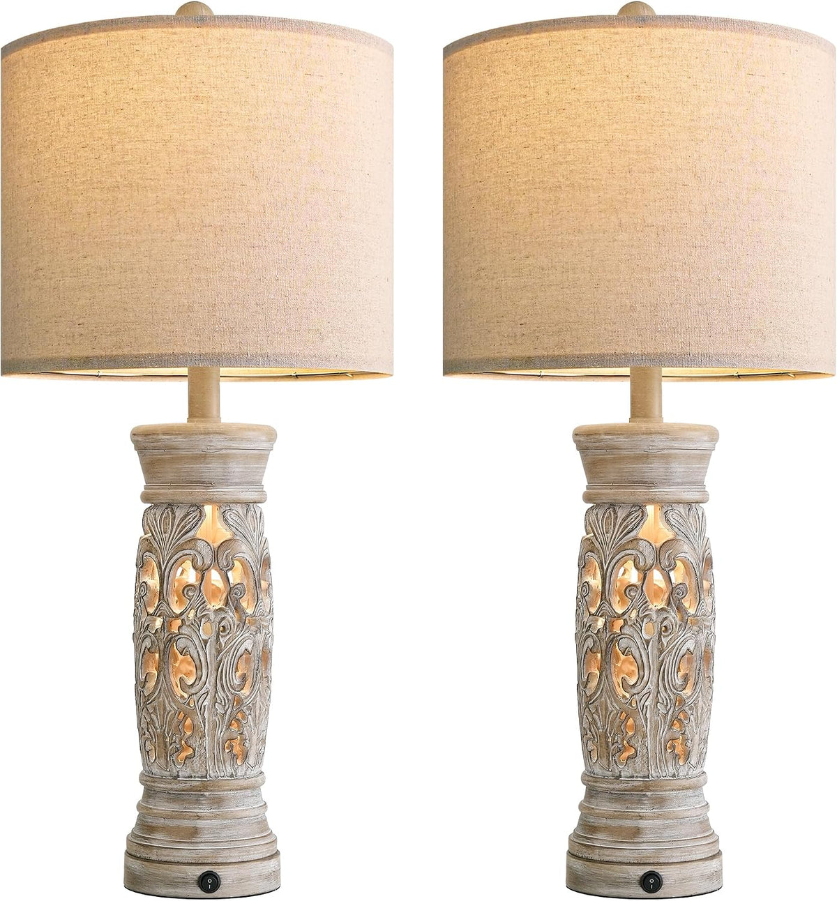 27.25”Farmhouse Table Lamps Set of 2 with Night Light, Rustic Bedside Lamp