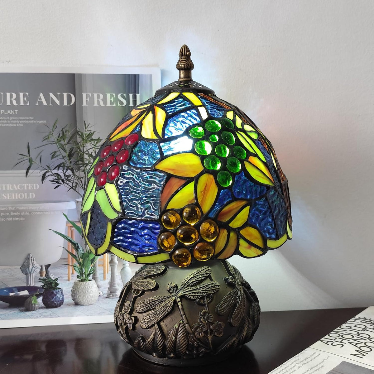 Tiffany Lamp Grapes Beads Stained Glass Style Bedside Reading Table Lamp Village Bedroom Nightstand Light 19inch Tall Office Home Decor Retro Unique Accent Light