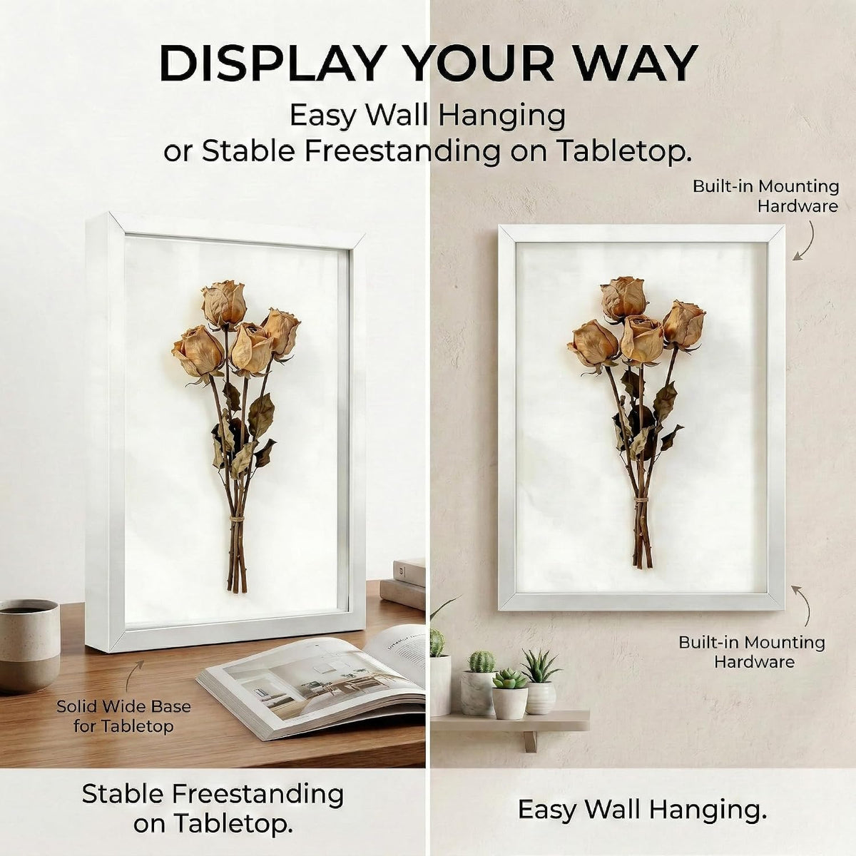 Shadow Box Frame Display Cases, 11"x 14" Wood Deep Black Handicrafts Shadowbox Picture Frame for Flowers Jersey Baby Wedding Dress (1, White)