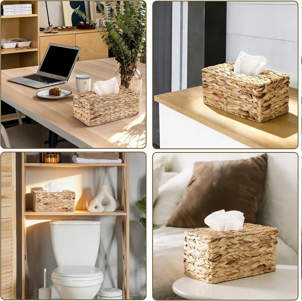Sumnacon Rectangular Tissue Box Cover, Water Hyacinth Wicker Tissue Holder, Farmhouse Rustic Woven Tissue Dispenser with Open Bottom for Bathroom Kitchen Counter Toilet Desk Office Car, Natural (L)