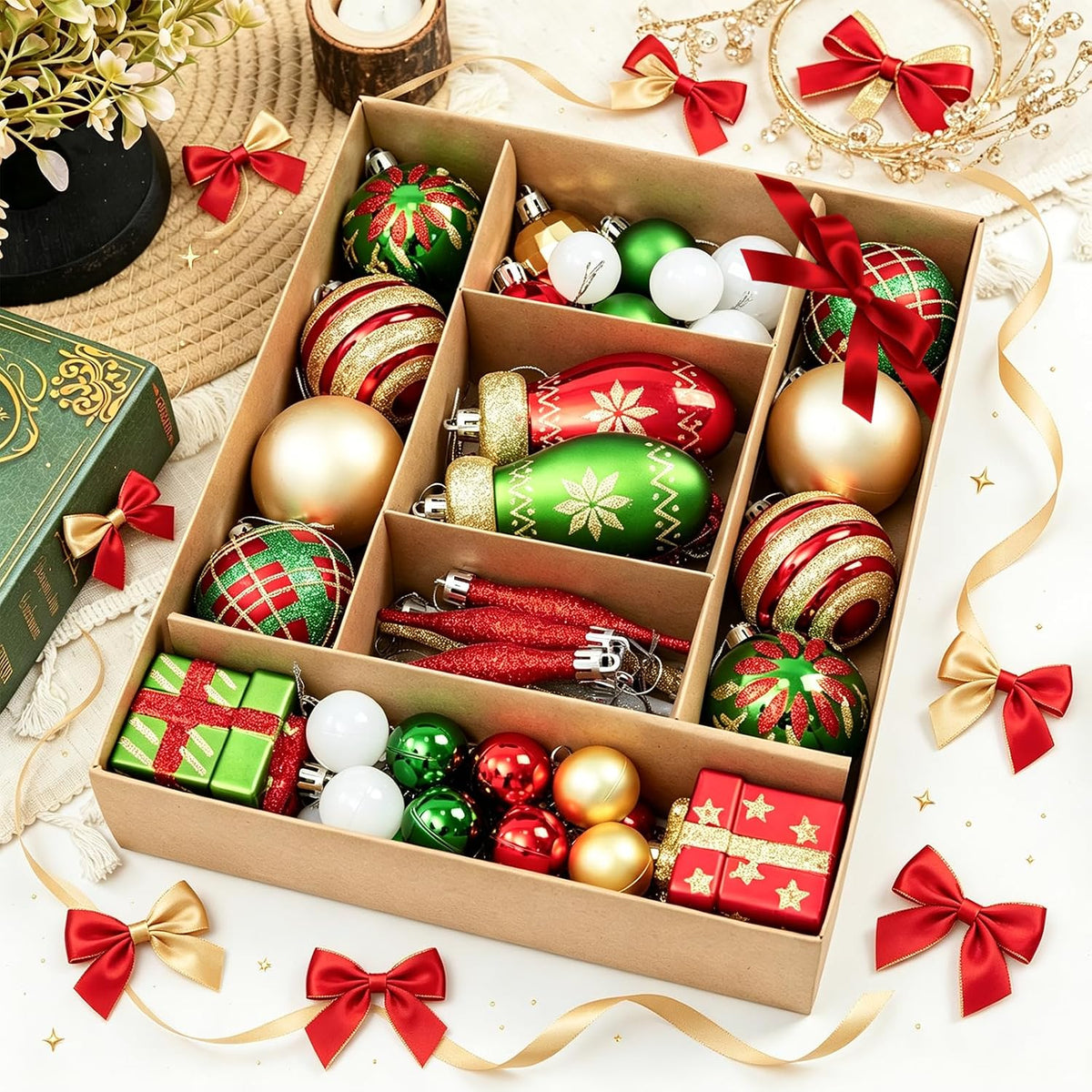 58pcs Classic Christmas Balls Ornaments Set, Red Green Gold Tree Hanging