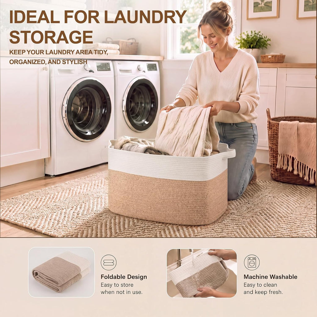 OIASKET Blanket Basket for Living Room, Cotton Rope Basket for Storage, Toy Baskets Bin for kids, Woven Baskets with Handles for Clothes, Towels, Pillows, 20" x 16" x 12", Brown and White