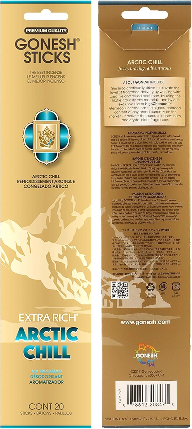 Gonesh - Extra Rich Scented Incense Sticks - Non-Toxic 10” Slow Burn Aromatic Sticks - Artic Chill - 80 Pack