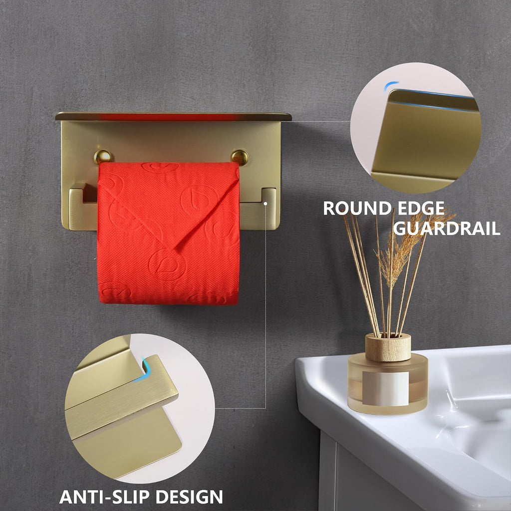 LANC Gold Toilet Paper Holder with Shelf, Toilet Paper Roll Holder with Phone Shelf for Bathroom Wall Mounted, 304 Stainless Steel Toilet Tissue Holder, Brushed Gold, A8367BG