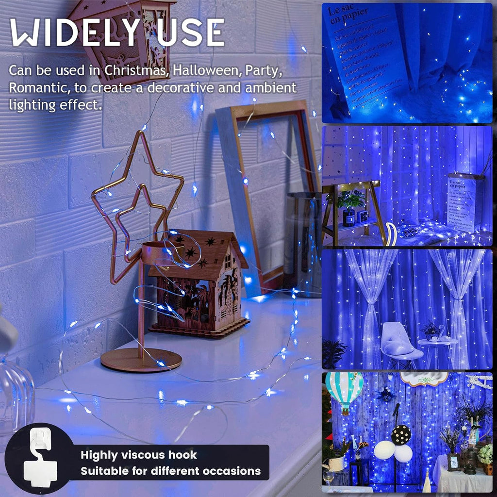 Fairy Curtain Lights for Bedroom, 300 LED 9.8x9.8 Ft Fairy Lights Curtain with Remote, String Light 8 Flashing Modes USB Plug in for Dorm Backdrop Window Wall Indoor Outdoor, Blue