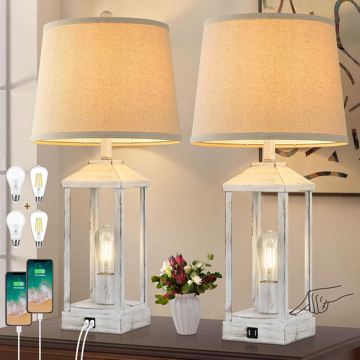 28" Farmhouse Table Lamps for Living Room Set of 2, 3-Way Dimmable Bedside Lamp with USB Ports, White Rustic Touch Control Nightstand Lamps for Bedroom, Modern Desk Lamp for Office, 4 Bulbs Included