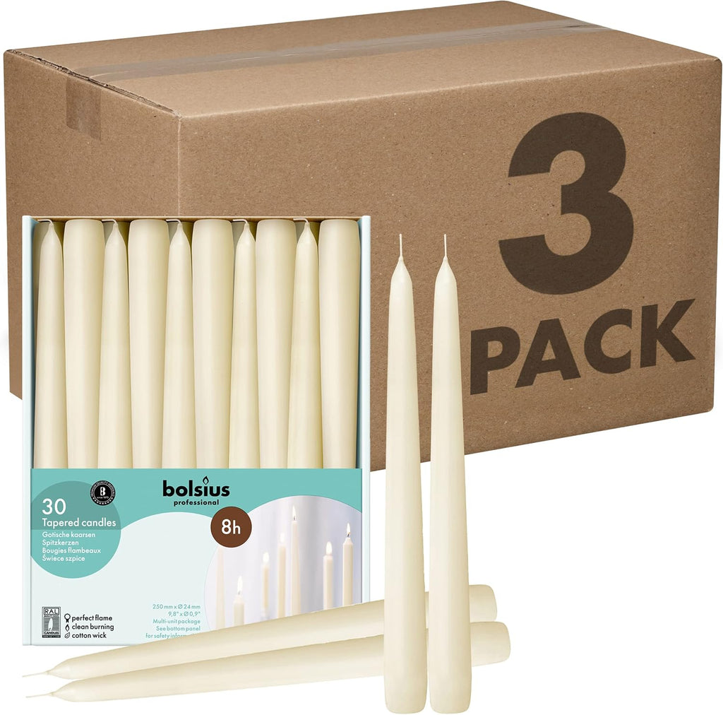 BOLSIUS Ivory Taper Candles - 3 Packs = Total 90 Candles - 8 Hours - Premium European Quality - Consistent Smokeless Flame - Unscented Dripless Candlesticks