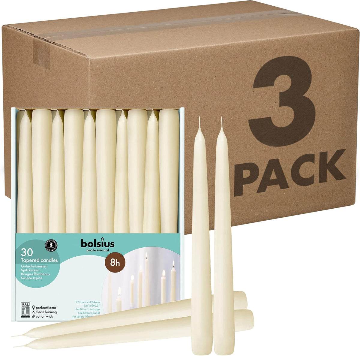 BOLSIUS Ivory Taper Candles - 3 Packs = Total 90 Candles - 8 Hours - Premium European Quality - Consistent Smokeless Flame - Unscented Dripless Candlesticks