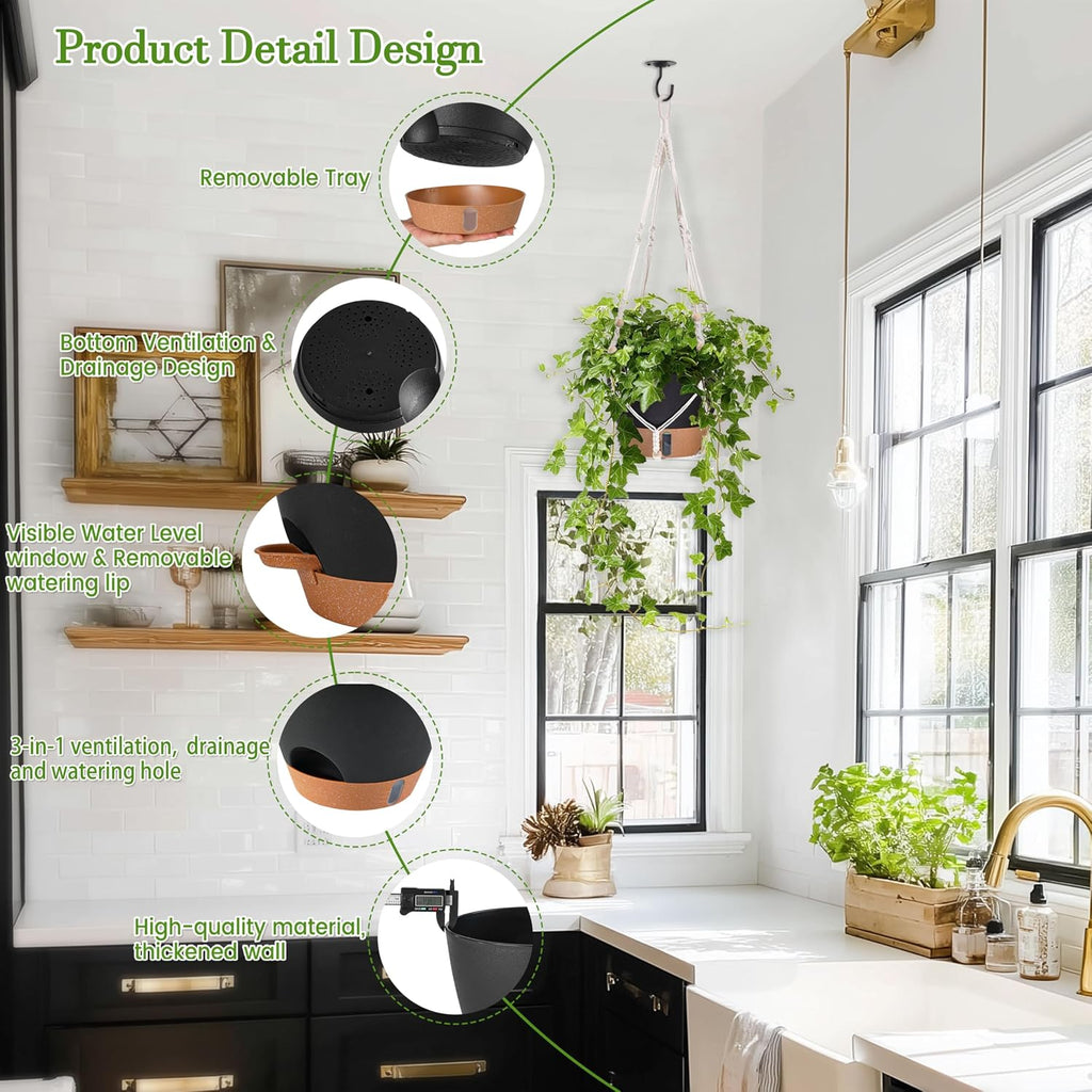 10 Inch Hanging Planters for Indoor Plants, 2 Pack, Self Watering, Black