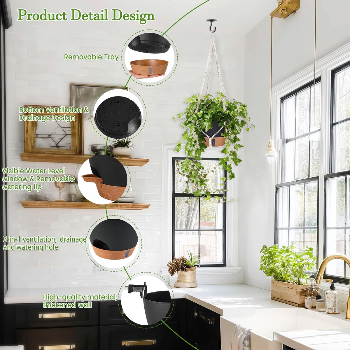 10 Inch Hanging Planters for Indoor Plants, 2 Pack, Self Watering, Black
