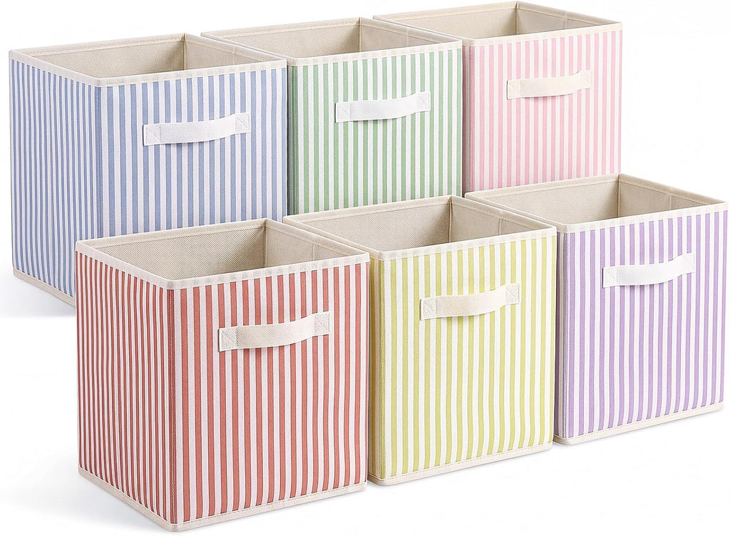 Amyhill 6 Pack Mixed Colors Striped Basics Collapsible Fabric Storage Bins