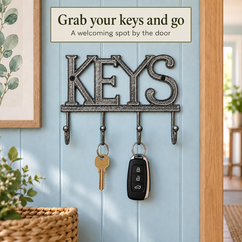 Comfify Gray Cast Iron Key Holder for Wall – Keys Sign with 4 Hooks