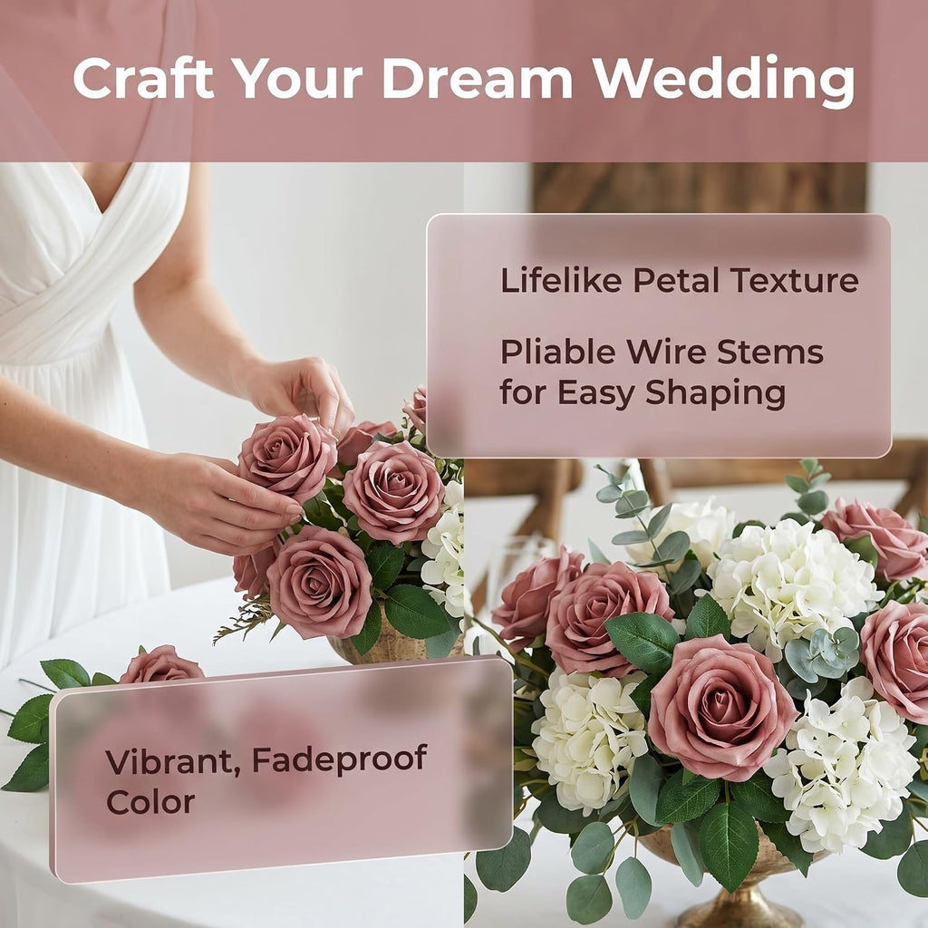 Roses Artificial Flowers Artificial Roses Fake Rose Silk Rose Fake Flowers with Stems for DIY Wedding Bouquets Party Tables Centerpieces Floral Arrangements (16, Dusty Rose)