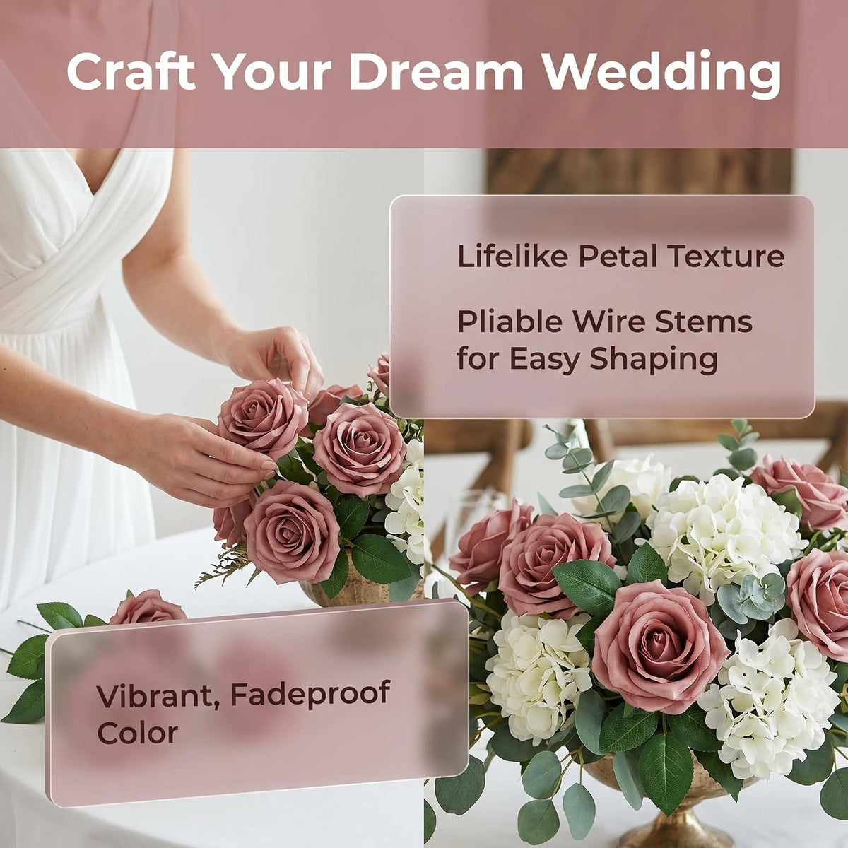 Roses Artificial Flowers Artificial Roses Fake Rose Silk Rose Fake Flowers with Stems for DIY Wedding Bouquets Party Tables Centerpieces Floral Arrangements (16, Dusty Rose)