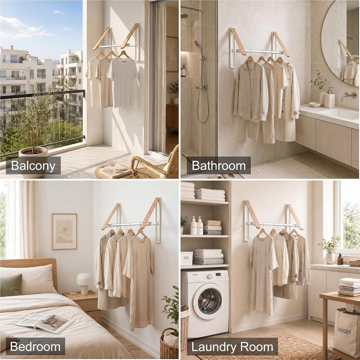 LEQ Clothes Drying Rack Wall Mounted, Foldable Laundry Drying Rack with Wood-Tone Aluminum Frame, Rustproof Retractable Clothes Hanger for Small Laundry Room, Bathroom, Balcony,(White, 2 Racks + Rod)
