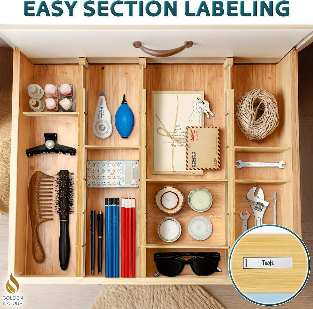 Bamboo Drawer Organizer with Inserts & Labels, 17-22", Kitchen Dividers