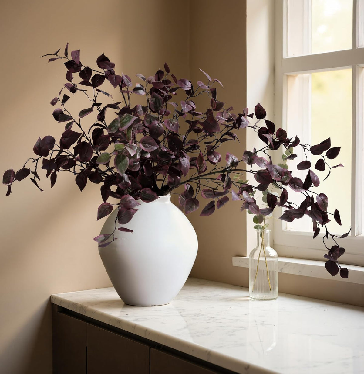 HyeFlora 5PCS Artificial Fall Eucalyptus Leaves Stem Plants, 32.7 inch Fake Leaves Autumn Greenery Branches Burgundy Shrubs Silk Faux Foliage DIY Stems for Thanksgiving Festival Home Kitchen Farmhouse