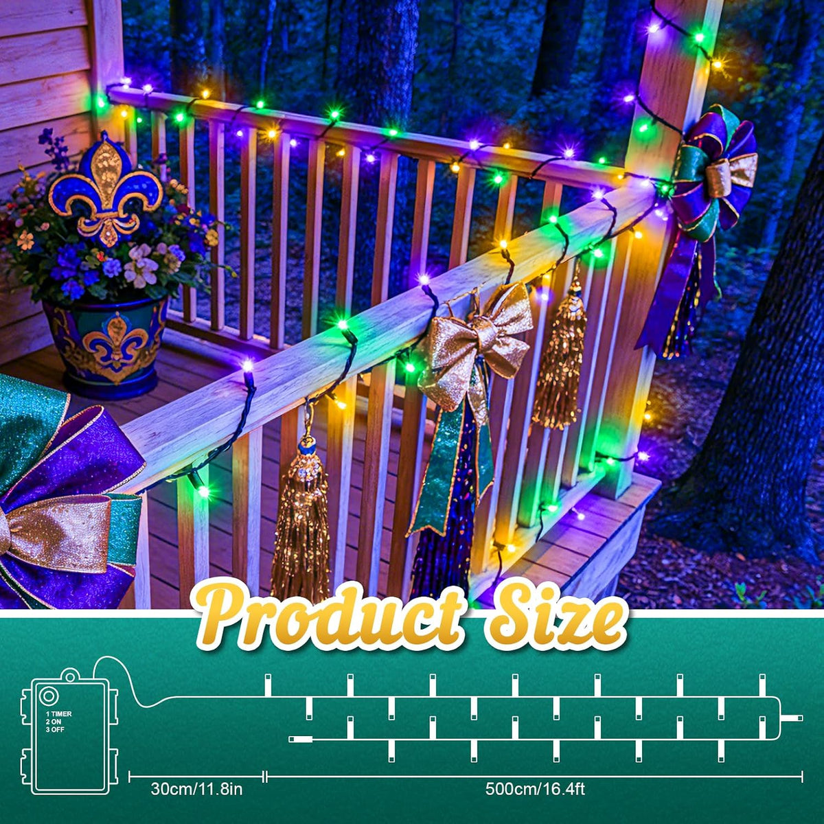cshare Purple Green and Yellow Lights Battery Operated, Mardi Gras Lights with Timer Waterproof 16.4ft 50 LED Indoor Outdoor Mardi Gras Decorations Garland Party Patio Garden Yard