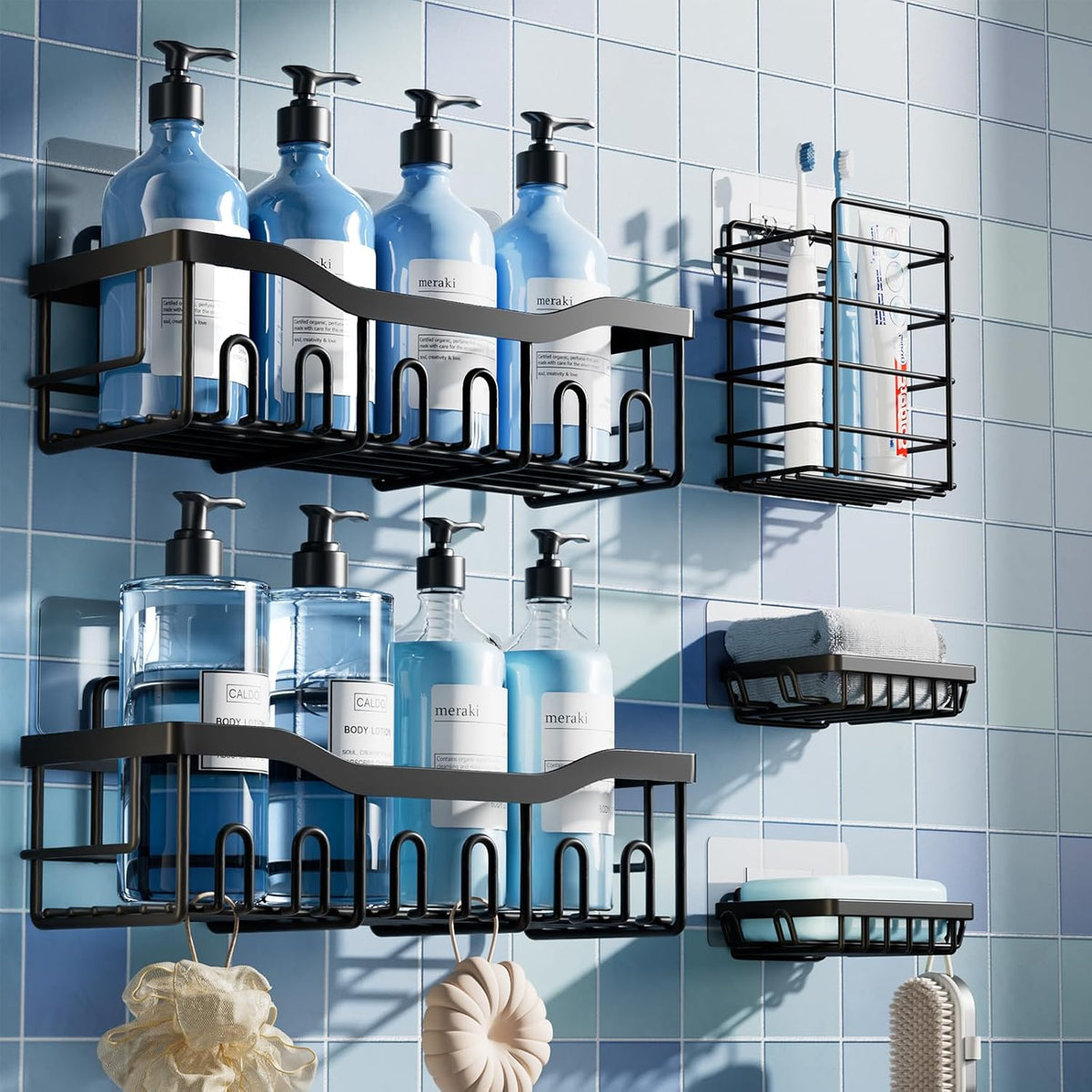 EUDELE 5-Pack Rustproof Stainless Steel Shower Caddy Set– No Drill Adhesive Bathroom Organizer, Space-Saving Shower Shelves for Apartment Essentials, Bathroom/Kitchen Storage Home Decor-L Size