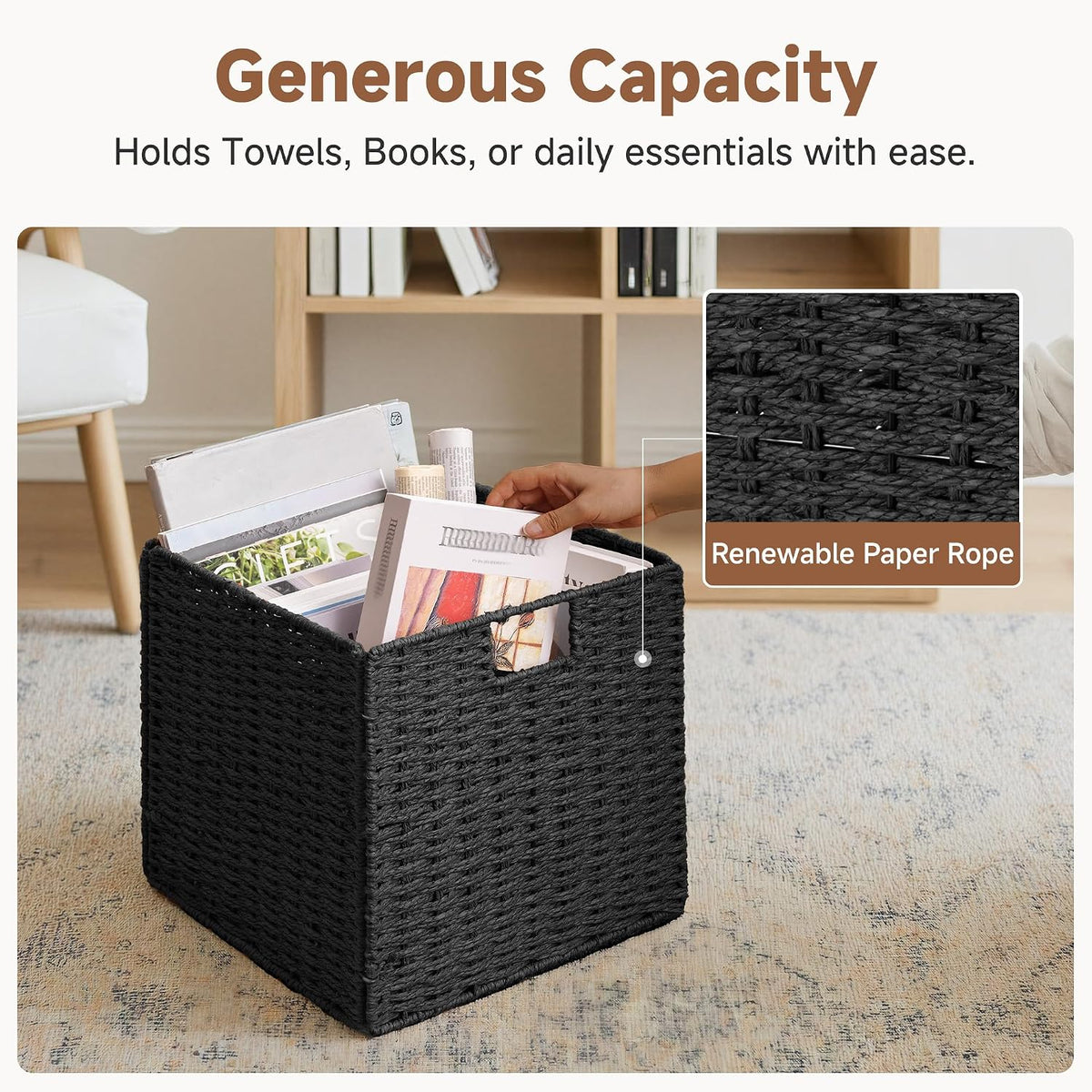 StorageWorks 13 inch Black Wicker Basket for Storage, Foldable Black Basket