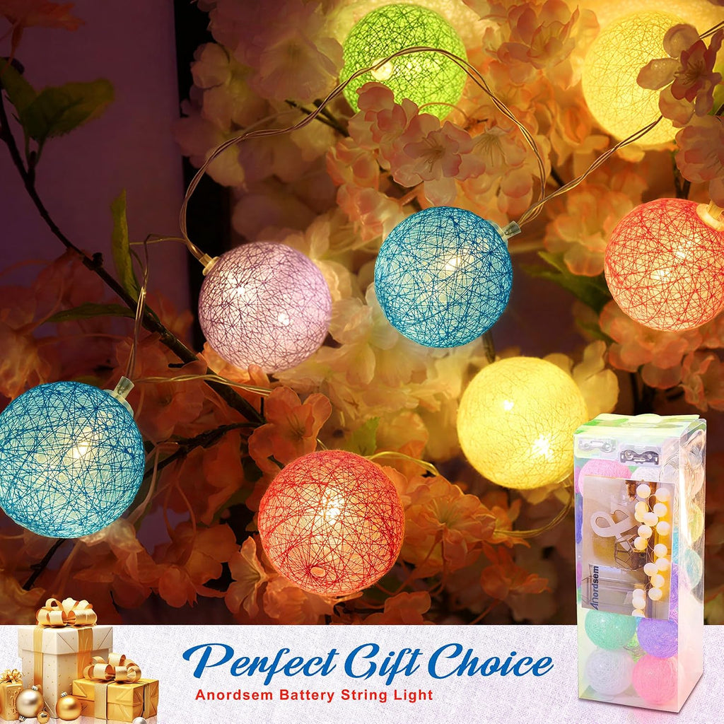 Anordsem Battery String Light Indoor: 6.88Ft/10 LED Cotton Ball Lanterns 2 Pack - Fairy Macaron Color Lighting Hanging Deco for Bedroom Party - Birthday Gifts for Babies Adults 25-50