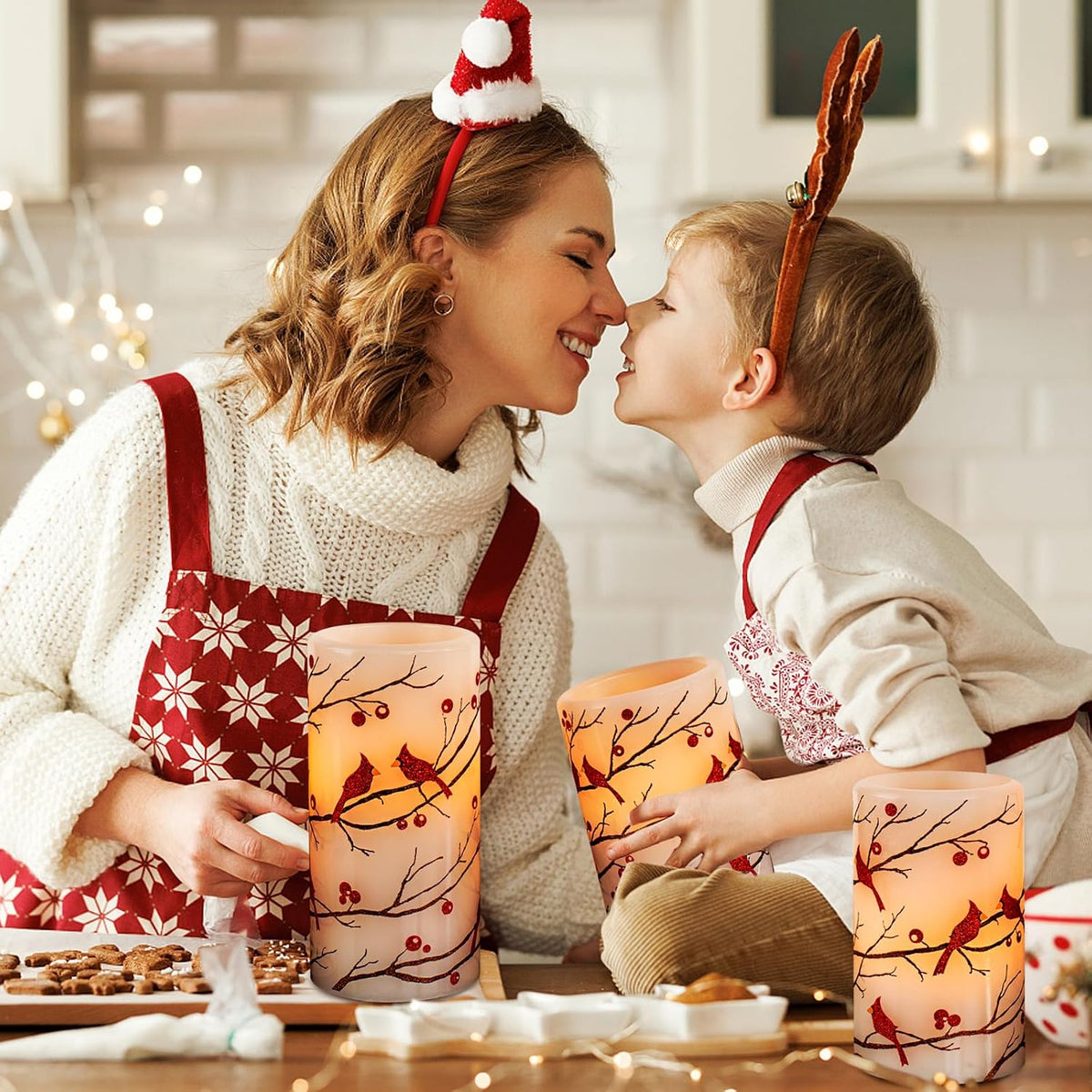 Cardinal Flameless Candles with Timer, Battery Operated Led Flickering Light, Red Bird Real Wax Pillar Candles for Christmas Home Decoration(Set of 3, 3”x4”5”6”)