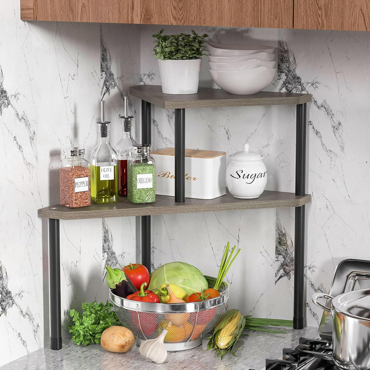 Weenson Bathroom Counter Organizer Over Sink Organizer for Toiletries, Makeup, Kitchen Countertop Organizer Spice Rack for Salt, 2-Tier Corner Counter Shelf for Coffee Area Storage(Rustic Grey)