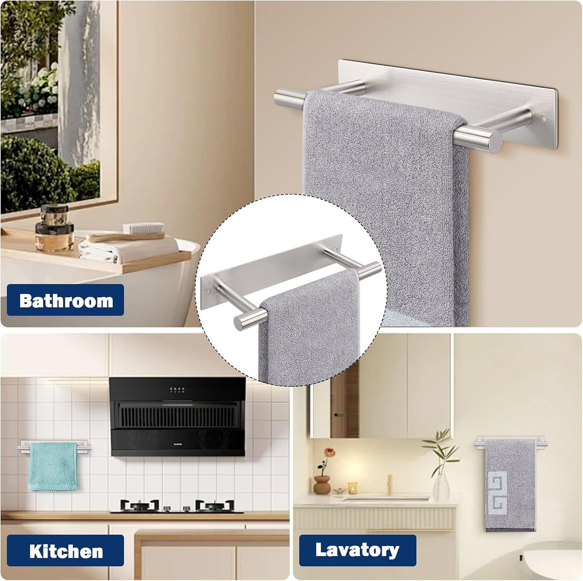 NearMoon Self Adhesive Hand Towel Holder/Towel Ring, Stainless Steel Hand Towel Bar Rustproof Stick on Wall-Towel Rack for Bathroom/Kitchen, Sticky and Wall Mounted (1, Brushed Nickel)