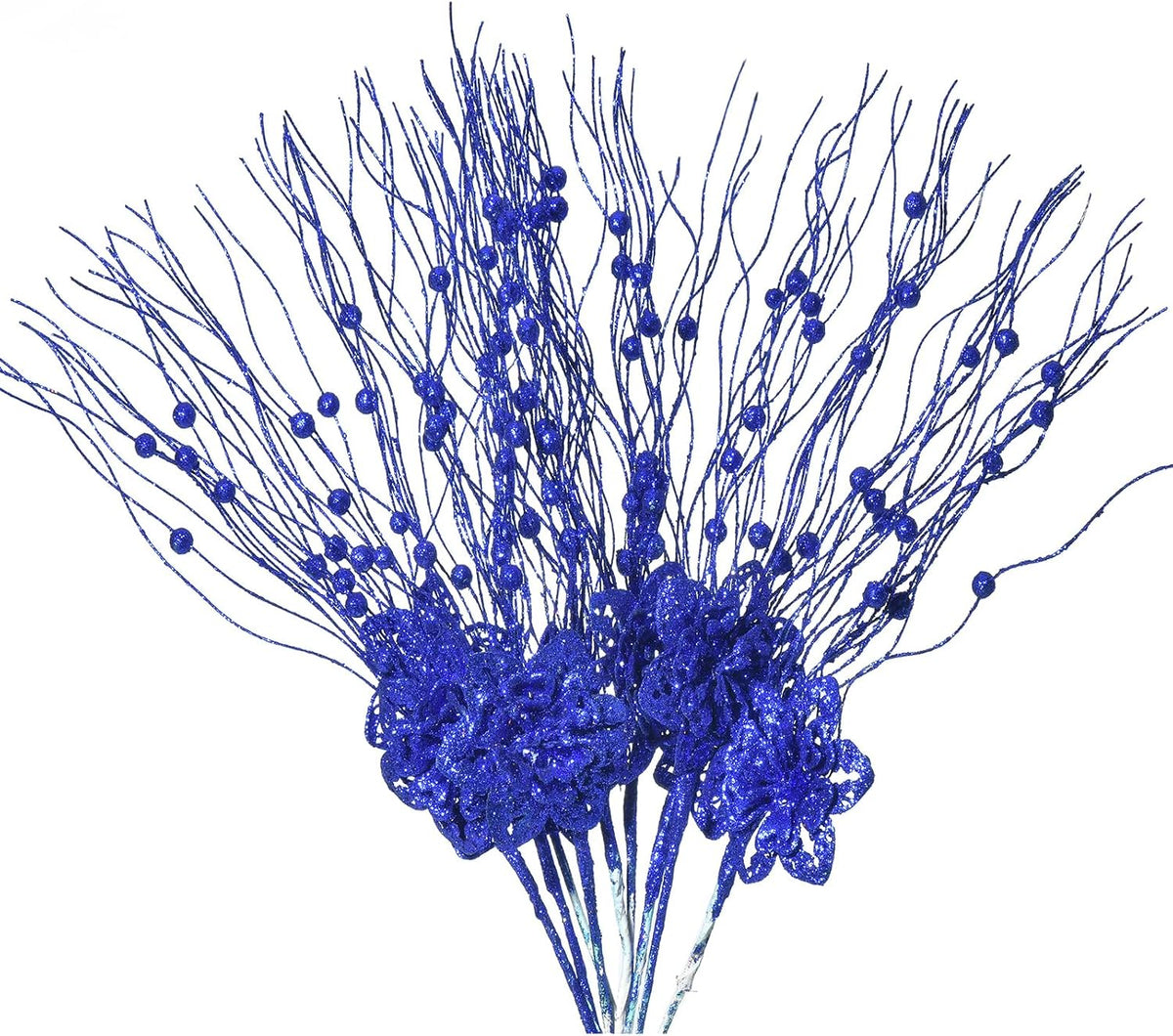 10pcs Artificial Glitter Poinsettia Flower Berry Stem Ornaments Christmas Tree Picks Branches for Xmas Tree Decorations Gift Home Wedding Holiday Party Decor, Royal Blue