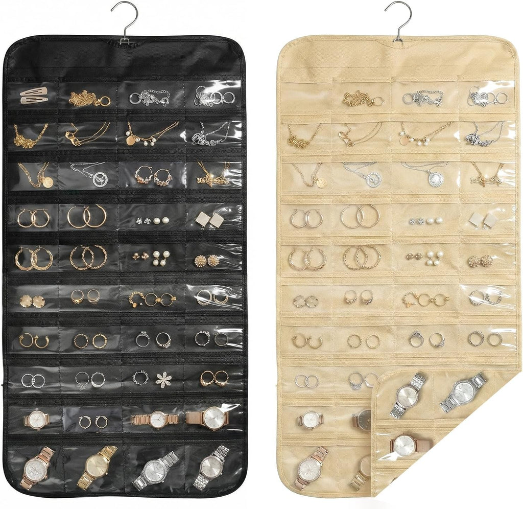2PCS Hanging Jewelry Organizer with 160 Clear Pockets, 360° Swivel Hook for Double-Sided Jewelry Holder for Earrings, Necklaces, Rings on Closet, Wall, Door, (Black and beige)