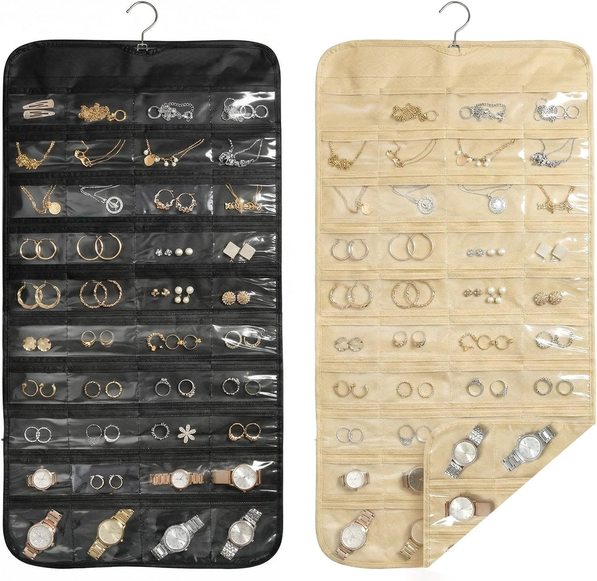 2PCS Hanging Jewelry Organizer with 160 Clear Pockets, 360° Swivel Hook for Double-Sided Jewelry Holder for Earrings, Necklaces, Rings on Closet, Wall, Door, (Black and beige)