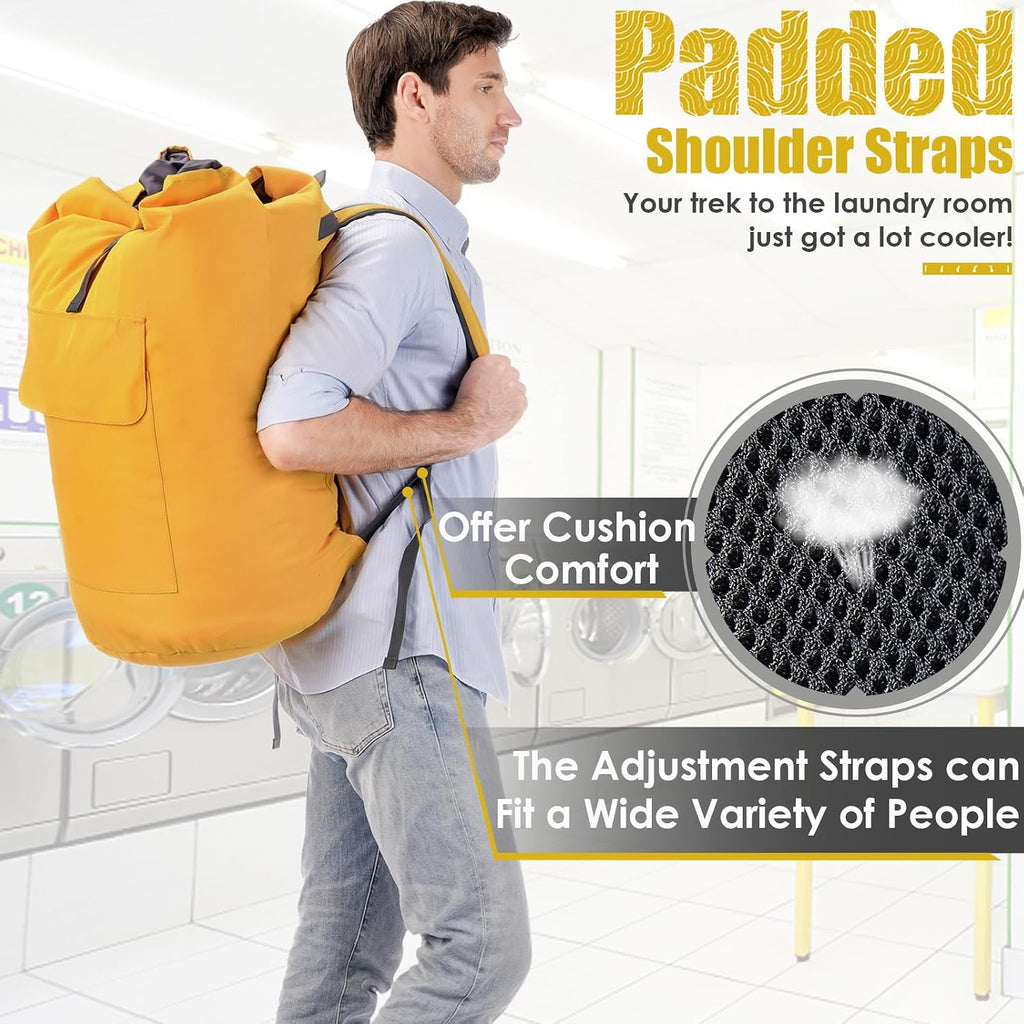 Backpack Laundry Bag, 115L Heavy Duty Extra Large College Laundry Backpack, Dirty Clothes Bag with Shoulder Straps, Laundry Hamper Bag with Drawstring Closure for College Dorm, Apartment Gold