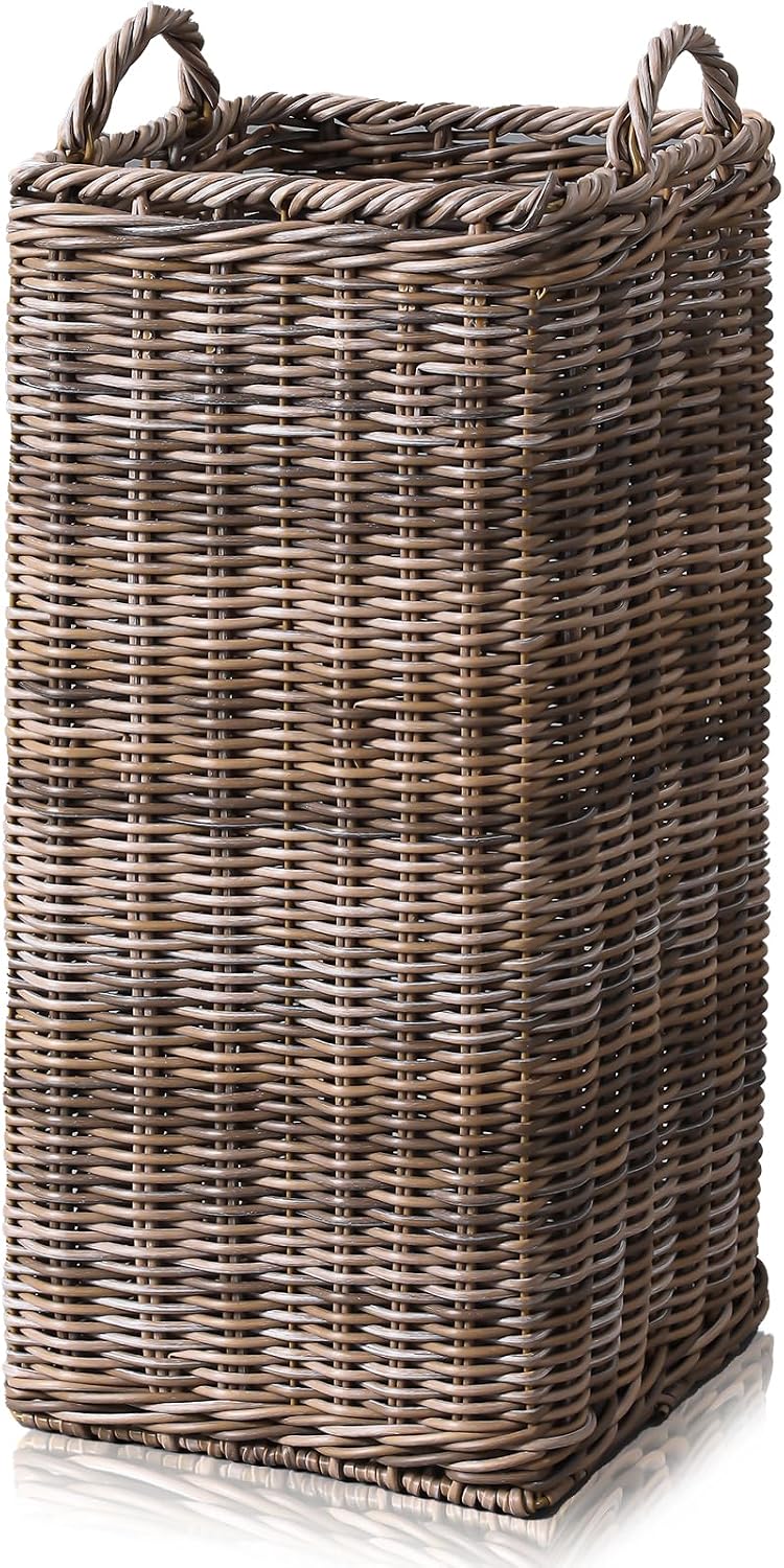 GlikCeil Rattan Umbrella Holder for Entryway 20.5h x 9l x 9w Inch Square Umbrella Stand with Plastic Water Catch, Umbrellas Basket Bucket Fit Walking Cane Tall Umbrellas Storage for Home Office