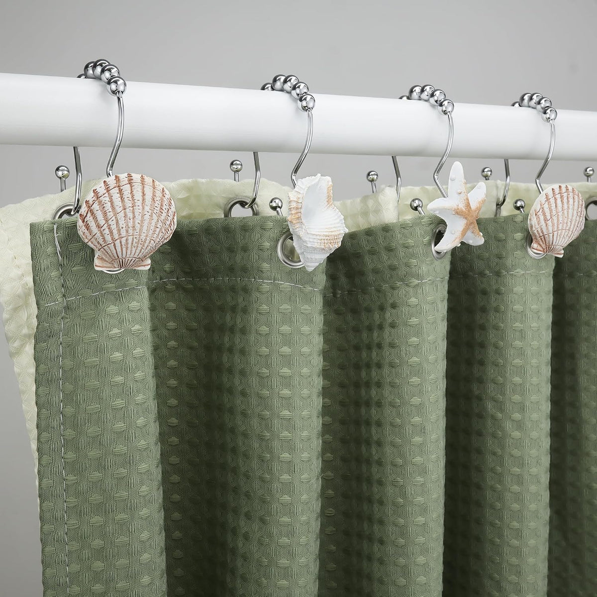 Shower Curtain Hooks Rings, 12PCS Anti Rust Seashell Decorative Double Resin Hooks for Beach Bathroom, Baby Room, Bedroom, Living Room Décor