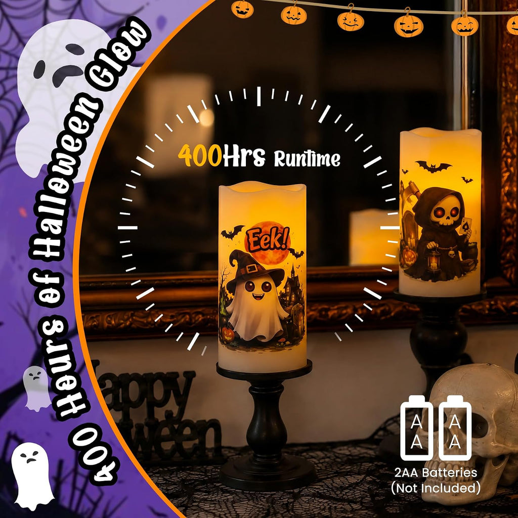 Pack of 2 Real Wax LED Ivory Flickering Flameless Candles with Remote, 2/4/6/8H Timer Long Lasting Battery Operated 3" x6"Pillar Electric Warm Glow Ghostly Skull for Halloween Home Decor